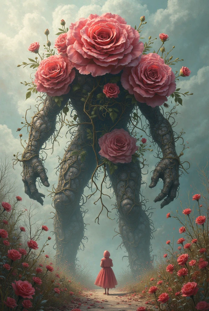 A thin, light-skinned man. with her body covered in flowers. In place of a head a giant rose. standing backwards