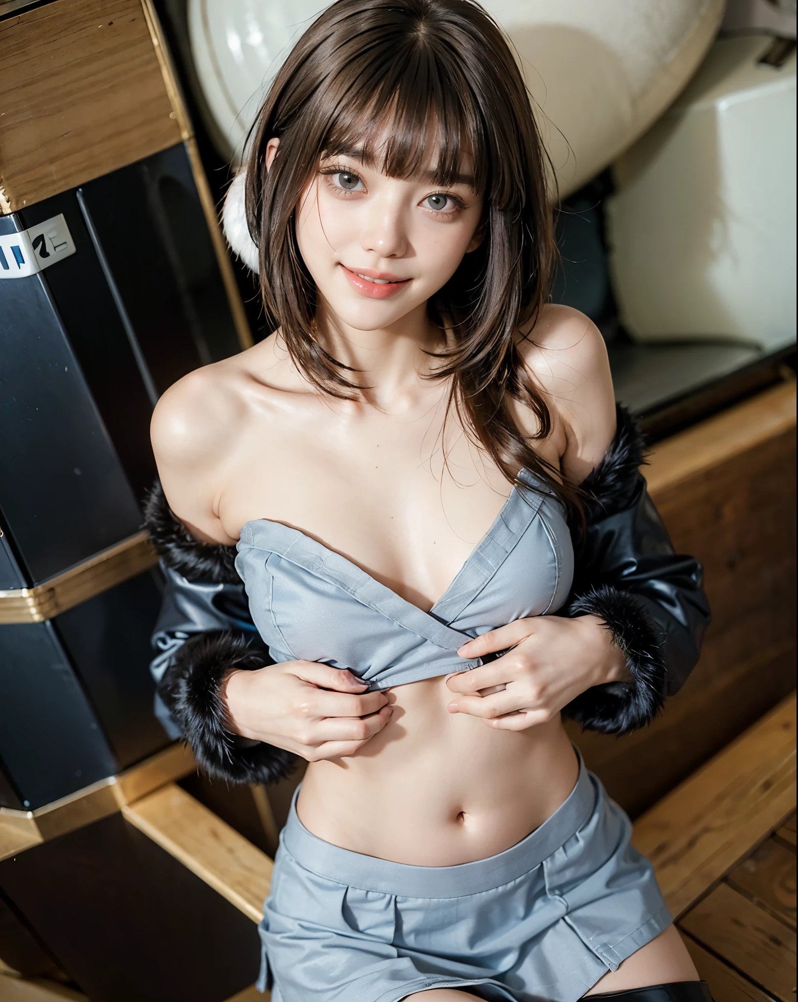 (masterpiece:1.3), (8k, Photorealistic, RAW Photos, Best image quality: 1.4), Japanese 、(Random Hairstyles:1.2)、Cleavage:1.2、Super detailed face、Eye on the details、double eyelid、Chest to Chest、Sharp focus:1.2、Beautiful woman:1.4、Light brown hair、highest quality、masterpiece、Ultra-high resolution、(Photorealistic:1.4)、Highly detailed and professionally lit smiles、Loose, lightweight knitwear、Shoulder out、thin、Serious expression、Short Hair、Deadly position