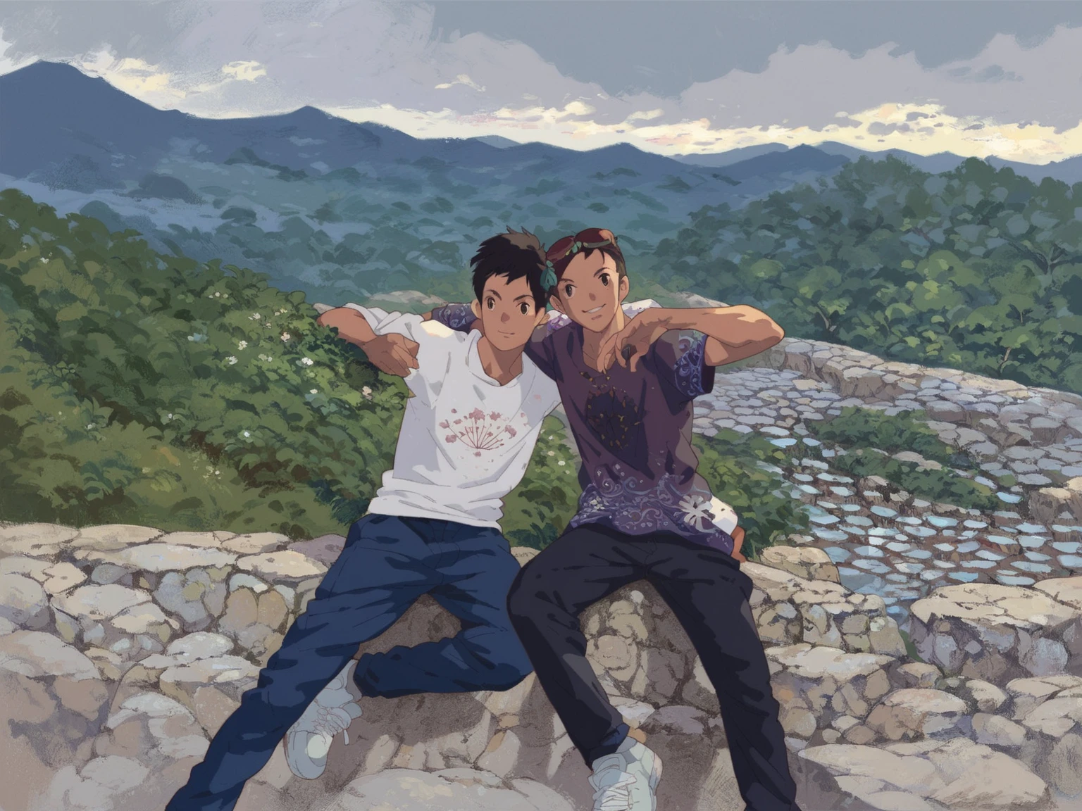 (masterpiece, best quality),2boys, climbing mountains, shirtless, cherry blossom, muscular, sports, smiling, happy, 8k