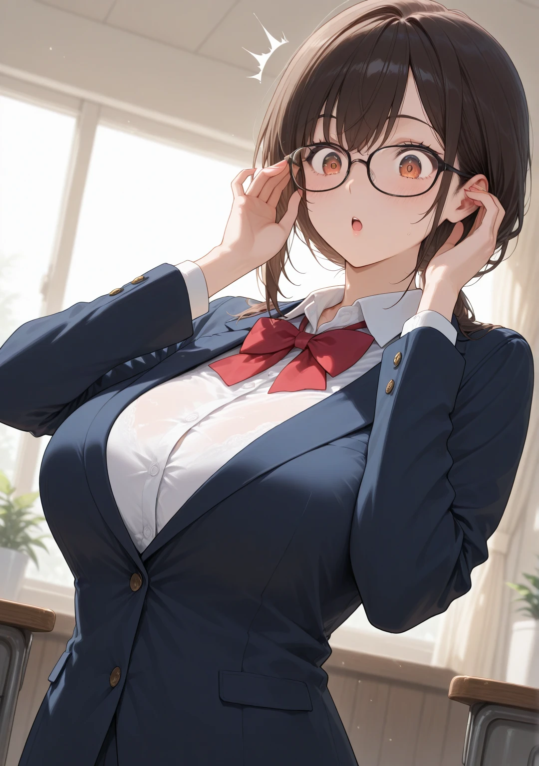 1人の女性、brown haired(Curta)、Brown eyes、Black-rimmed glasses、 Best Quality、ultra-detailliert、8K resolution、Raw photo、seductive boobs、gorgeous faces、schools、Blazer Uniform、18year old