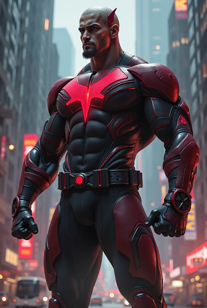 Un super héros haïtien de peau brune nommé Jordany Laguerre, se tenant avec force et confiance. Il porte un costume de super-héros moderne aux couleurs vibrantes, avec des accents qui évoquent la culture haïtienne, comme des motifs inspirés du drapeau haïtien ou des symboles vodou stylisés. Jordany a un masque distinctif qui couvre la partie supérieure de son visage, et sur ce masque est inscrit son nom, 'JORDANY LAGUERRE', en lettres métalliques lumineuses. Ses yeux brillent d'une énergie déterminée, et son costume est renforcé par des détails futuristes. Il se tient en posture héroïque, prêt à protéger, avec une aura de puissance émanant de lui, entouré d'un paysage urbain ou d'une nature tropicale."