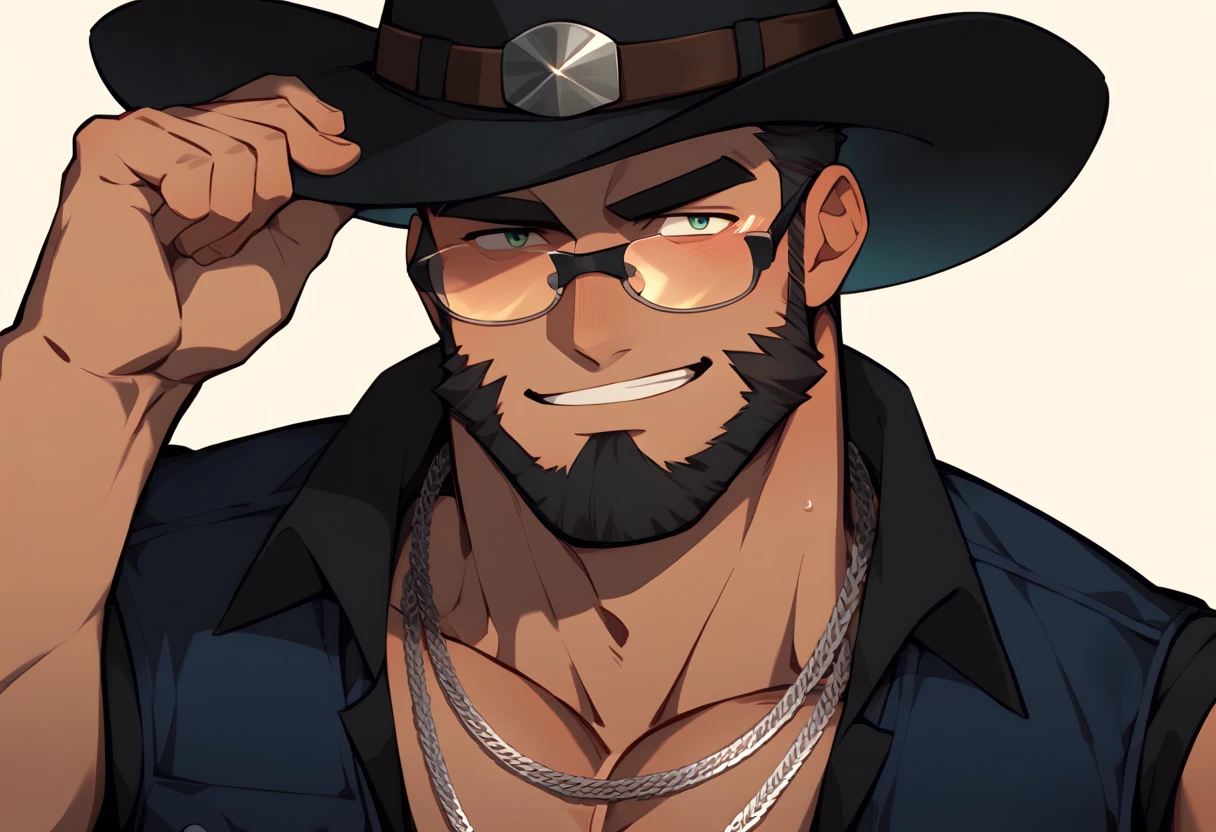 anthro Maned Wolf, buff, muscular, cowboy hat (black), eyepatch, furry, orange fur, beige chest fur, forearms and hand fur dark brown, black bandages in the forearms, eyepatch in the right eye, black pants, furry, buff, shirtless, sfw