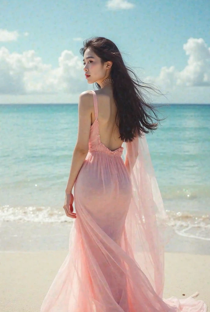 {best quality}, masterpiece, realistic, real, back, bust, light, seaside, solo, bishoujo, female, black hair, long hair, medium breasts, Skirt, pink lucency full dress, sleeveless dress, high heels, sad, naughty face, seductive smile, stand, looking back, arms behind head, spread legs, Bare shoulders