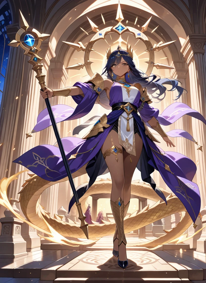 ((best quality)),((masterpiece)),(detailed),(Highly detailed),ultra high res,1girl,mature female,solo,flowing hair,mystical makeup,medium breasts,veil,long robes,vibrant purple cloak,black legwear,hair ornament,brooch,bangle,cliff,beautiful detailed glow,((magic circle:1.2)),