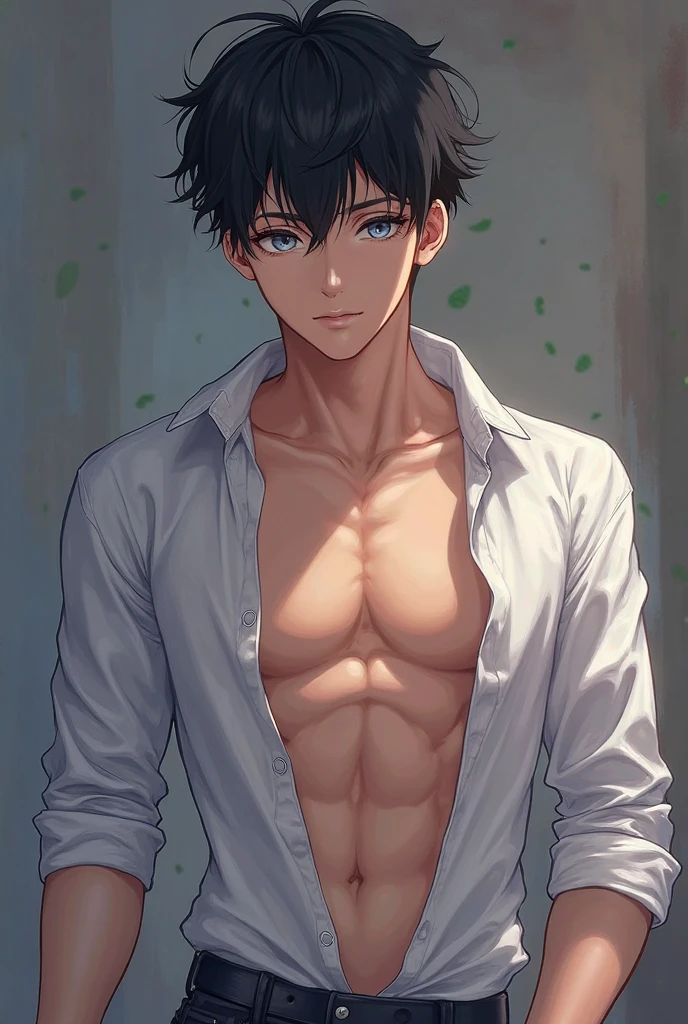shirtless super muscular sweat-drenched tired 23-year old short black hair handsome caucasian male, pulling white shirt up to show abs, tattered jeans