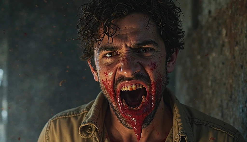 zombie, blood on face, scream, terror, horror movie still, 1980s gore horror