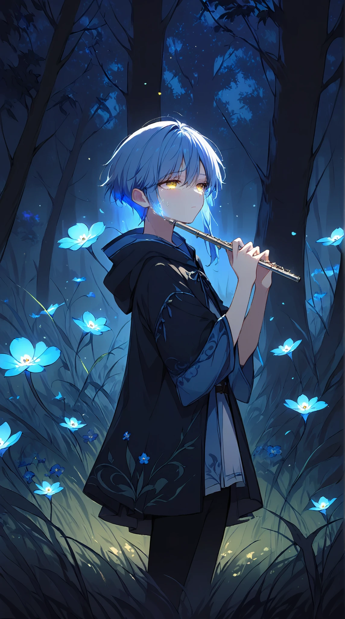 young androgynous boy, anime, light blue hair and yellow eyes, wearing fantasy noble male clothes, playing flute, cute boy, femenine, medium lenght hair, relaxed, standing, thick fantasy forest, mysterious and magical atmosphere, night, poor lighting at night, glowing mushrooms, forget me not flowers, outdoors, on a windy grass plain, glowing lightblue myosotis, side view, looking away, pitch dark scene, only light from glowing flowers, melancholic face expression crying