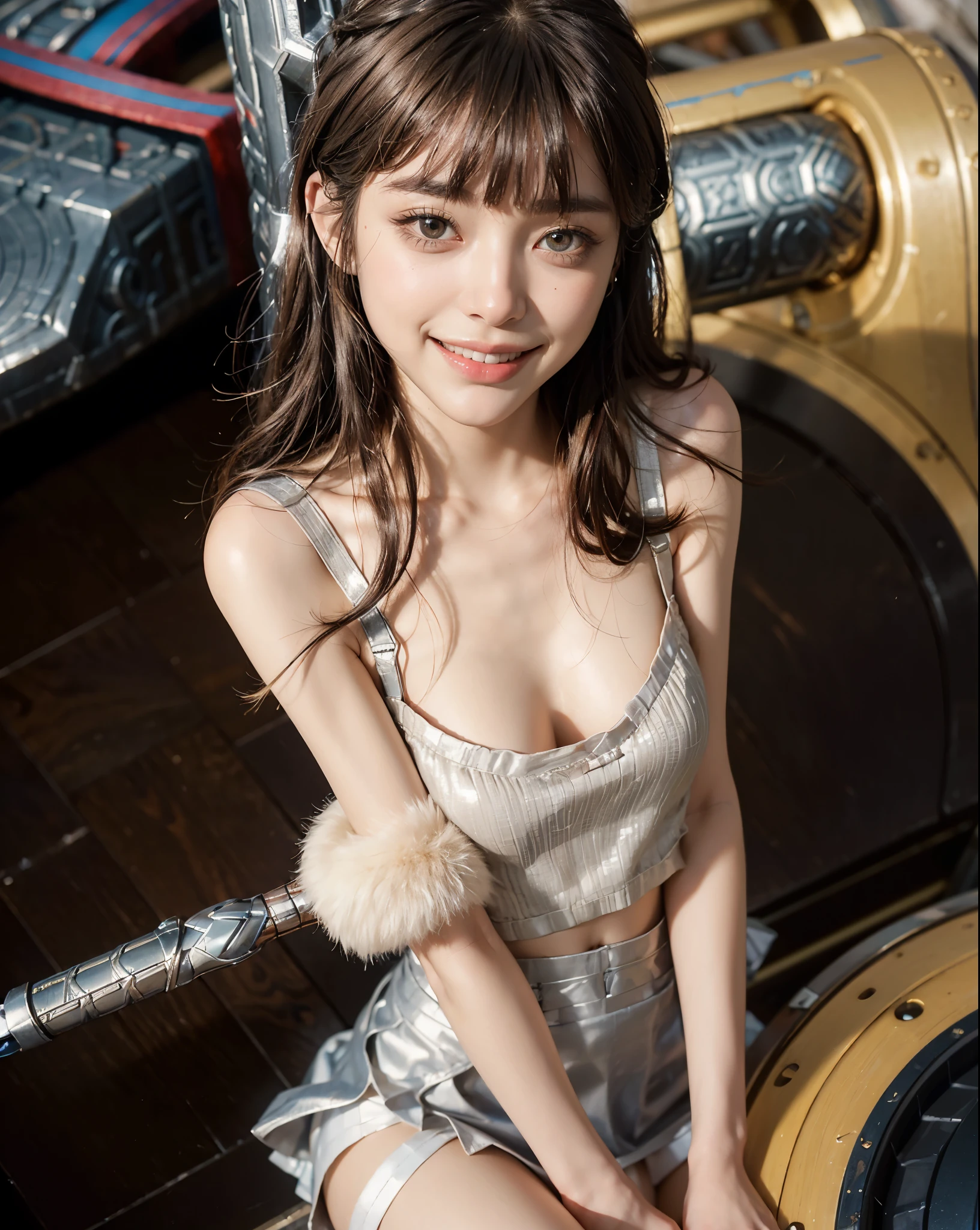 Highest quality, masterpiece, Ultra-high resolution,8K, (Realistic:1.6), (Close-up portrait:1.4) RAW Photos, ((Fashion in white tones)),((Up Facial)),girl,(Full of smiles, Showing teeth)), 22 years old,((short hair)),((Looking up at the audience)),Face Focus:1.4,((Shooting from above with a fisheye lens:1.4)),