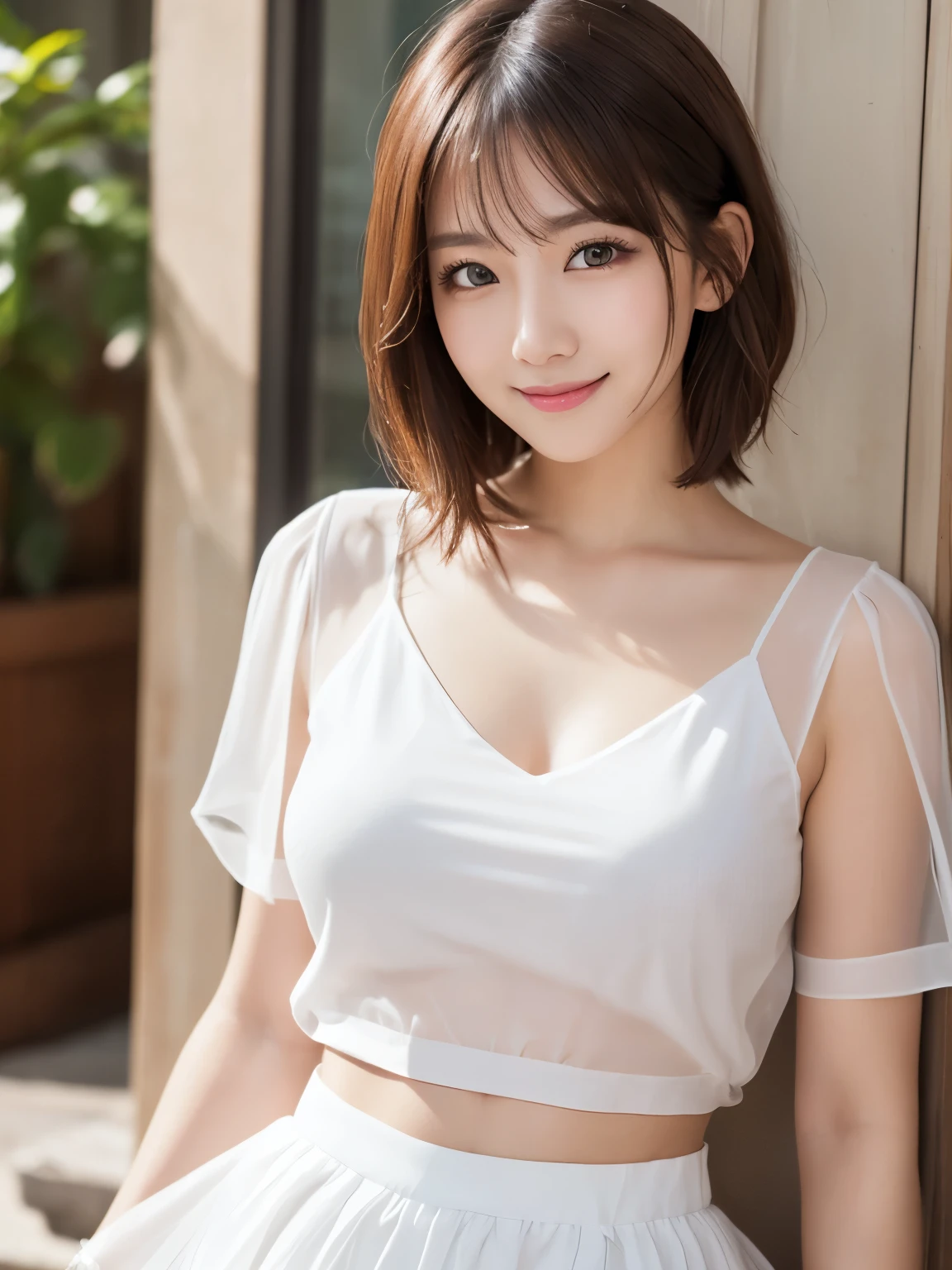 A woman in a white top and skirt posing for a picture - SeaArt AI