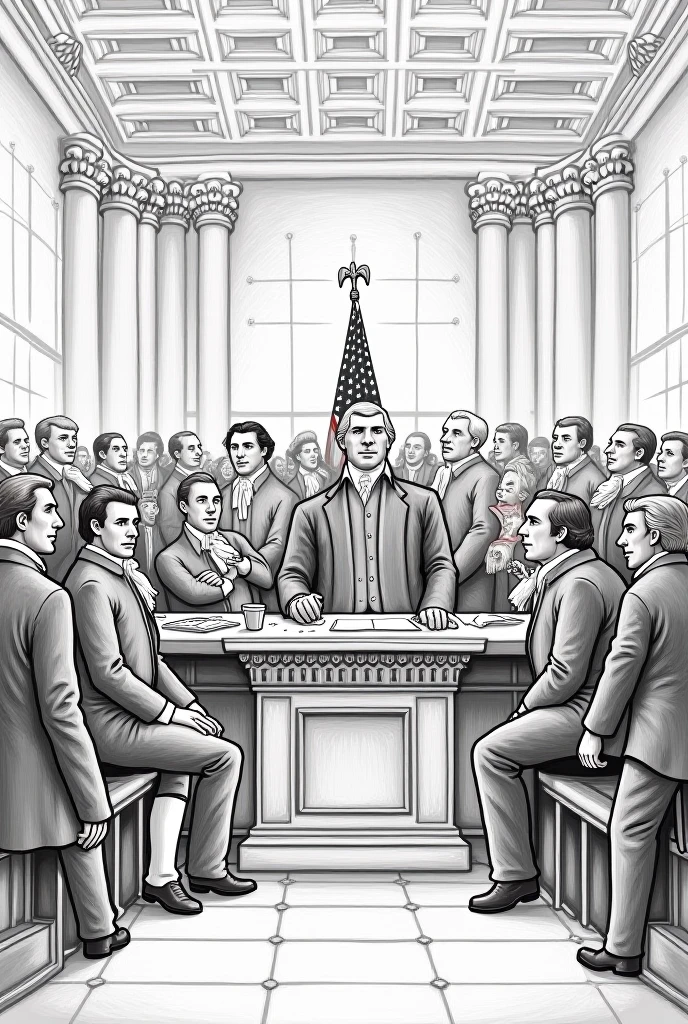 Describe a photo of Catiline making fiery speeches at a secret meeting. The room is lit by torches, creating dancing shadows on the walls. Catilina, with fiery eyes and energetic gestures, it is in front of a table where scrolls and secret documents are arranged. Meeting participants are attentive, some with expressions of admiration and others with tense faces. No ar, o som de suas palavras apaixonadas reverbera, como ele exorta seus seguidores a agirem contra o governo romano.