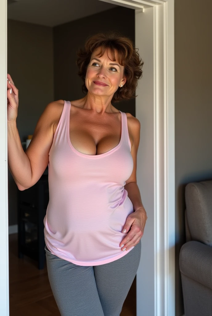 A beautiful milf with a happy and relaxed expression, wearing a short blue dress and standing in a cityscape, with a cowboy-style photo framing her upper body. Her skin has a glossy, realistic quality and her large breasts are visible. She has her eyes closed and is smiling at the viewer, exuding a sense of contentment and confidence. (best quality, 4k, 8k, high resolution, masterpiece: 1.2), ultra-detailed, (realistic, photorealistic, photorealistic: 1.37), HDR, UHD, studio lighting, ultra-fine painting, sharp focus, based rendering in physics, extremely detailed description, professional, vivid colors, bokeh, portraits, photography, warm color tones, soft lighting. Is it your room