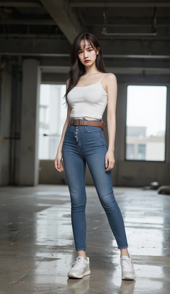 （（midynight， best qualtiy， 8k， tmasterpiece ：1.3））， full bodyesbian， long leges， Sharp focus ：1.2， A beautiful woman with a perfect figure ：1.4， Slender abs ：1.1， （（dark brown  hair， gigantic cleavage breasts ：1.05））， （white tight t-shirt， Denim bib，Small suit， standing on your feet：1.2）， （nighttime scene， the roof：1.3））， Highly Detailed Face and Skin Textur， Fine Eye， 二重まぶた