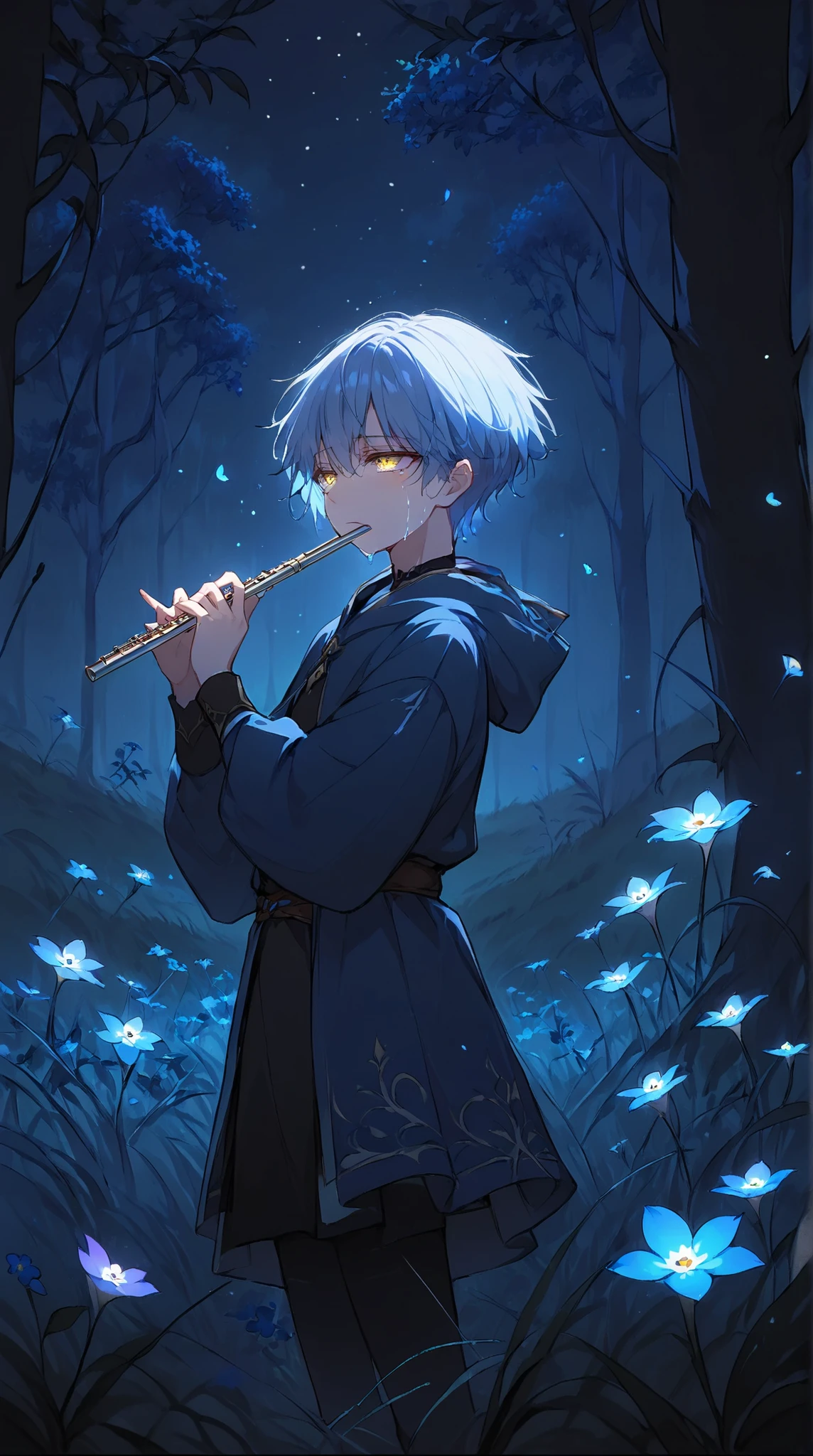 young androgynous boy, anime, light blue hair and yellow eyes, wearing fantasy noble male clothes, playing flute, cute boy, femenine, medium lenght hair, relaxed, standing, thick fantasy forest, mysterious and magical atmosphere, night, poor lighting at night, glowing mushrooms, forget me not flowers, outdoors, on a windy grass plain, glowing lightblue myosotis, side view, looking away, pitch dark scene, only light from glowing flowers, melancholic face expression crying