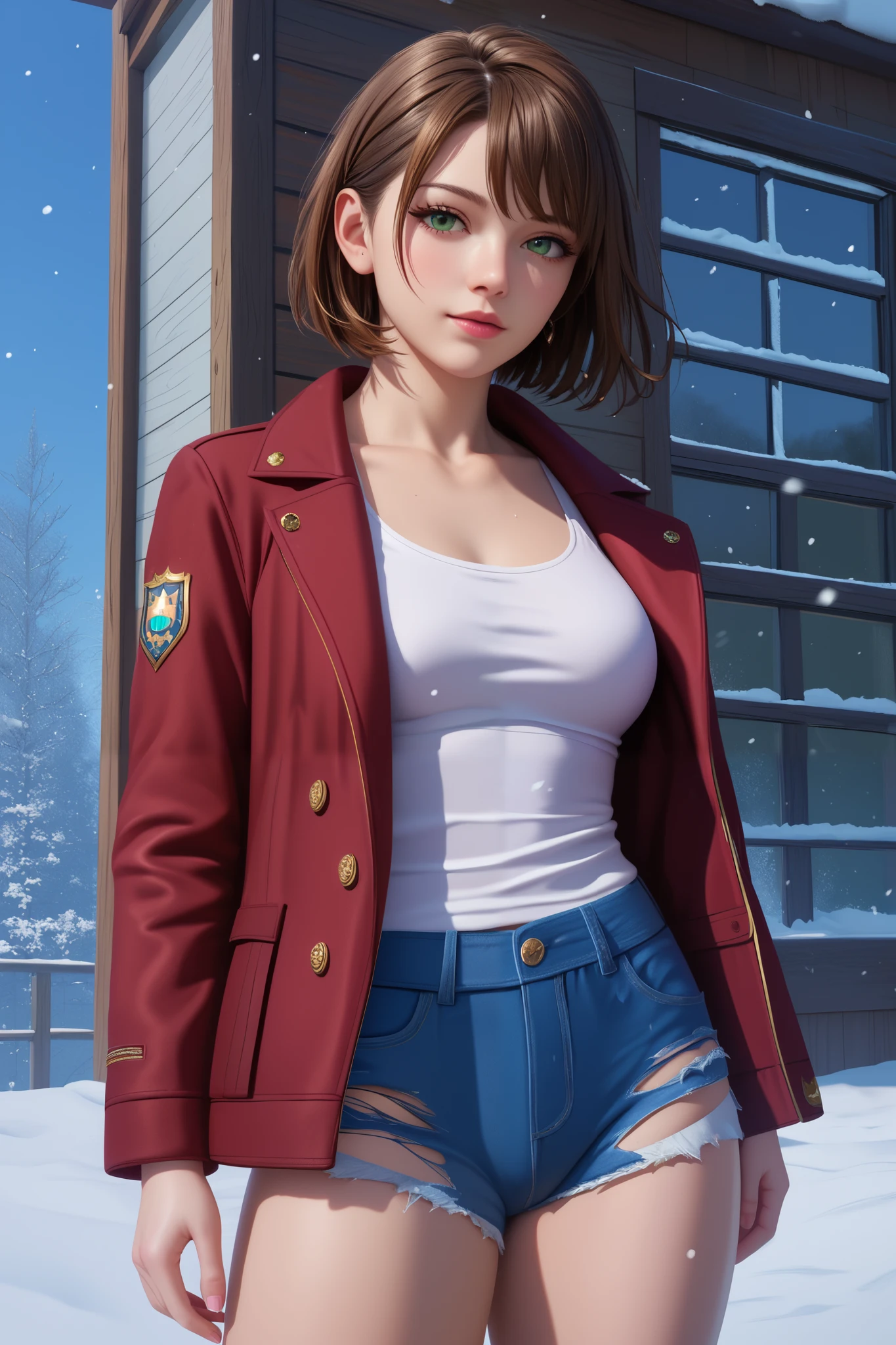 masterpiece, best quality, amazing quality, very beautiful, Absurd, latest, scenery, anatomically correct, 16k, UHD, accurate, expressive, {{1girl solo}}, illustration, masterpiece, ultra-detailed, {{detailed shading, detailed skin}}, {{realistic skin}}, BREAK, detailxl, Details, high definition, 8k, Ultra High Resolution, soft saturation, professional quality, perfect contrast, Anatomically Accurate, young woman, shorts, tank top, jacket, open jacket, torn clothes, damage clothes, winter garden background, short hair, brown hair, green eyes, hips and thighs focus, no jewelry, no earrigns, winter background, snow