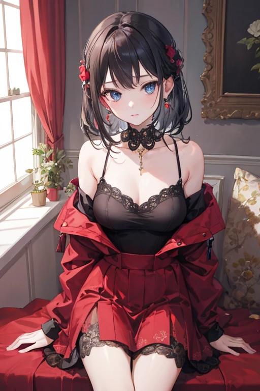 Estilo real, Neoartcore、Megumin、1girl em、Ombros lisos、Capa preta、Um cabelo escuro、blush vermelho、cabo、uma gargantilha、鎖骨、camisola transparente、cabelo entre os olhos、veja o espectador、mid hair、fora dos ombros、olhos vermelhos、fechaduras laterais、solo、((obra prima))、Sakura, Japan