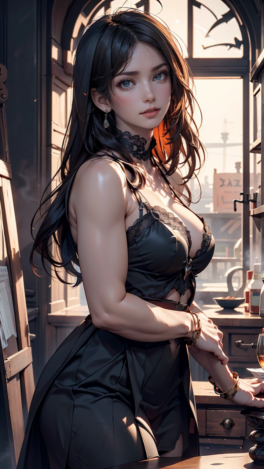 (masterpiece, Best quality, a high resolution, ultra detailed),(Beautiful and aesthetically pleasing:1.2), detailed eyes and face, whole body, 1 woman, adult, ((black hair with greenish tint)), Long wavy hair, ((orange eyes)), female body, Beautiful body, perfect body, flirtatious smile, ardent look, leather bra top, Short leather skirt, fishnet stockings, high heels, Night club, there is, red lighting, sexual, drink a cocktail, defiant pose