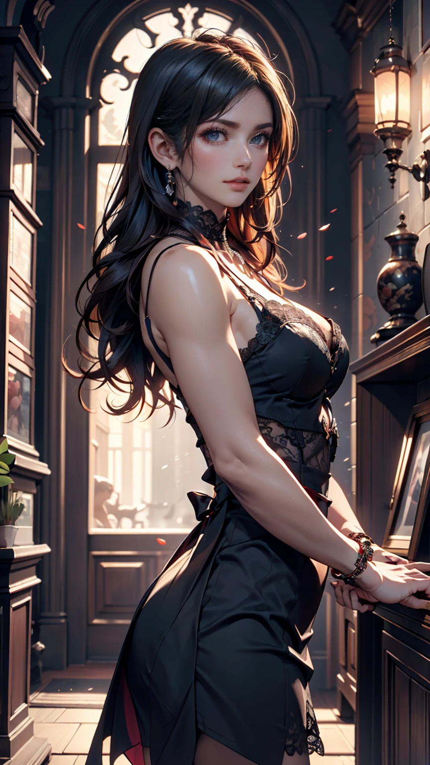 (masterpiece:1.3), (best quality:1.2), (intricate detailed:1.2), (hyperrealistic:1.2), (professional photograpy:1.1), highly detailed, illustration, absurd res, perspective, detailed background, background blur, focus, milf, mature ebony woman, a ebony woman standing in a tempting pose near the window of a royal bedroom with a night view, a hotel with night view, the royal palace, 1girl, long hair, (medium breasts:1.2), perfect hands, detailed fingers, beautiful detailed eyes, perfect eyes, seductive eyes, brown eyes, sexy pose, tempting, (casual:1.2), cinematic lighting, looking at the viewer, portrait shot, [(GothGal|Garterbelt)::0.5], woman wearing a garterbelt, ribbons, frills, iron chains, stockings,