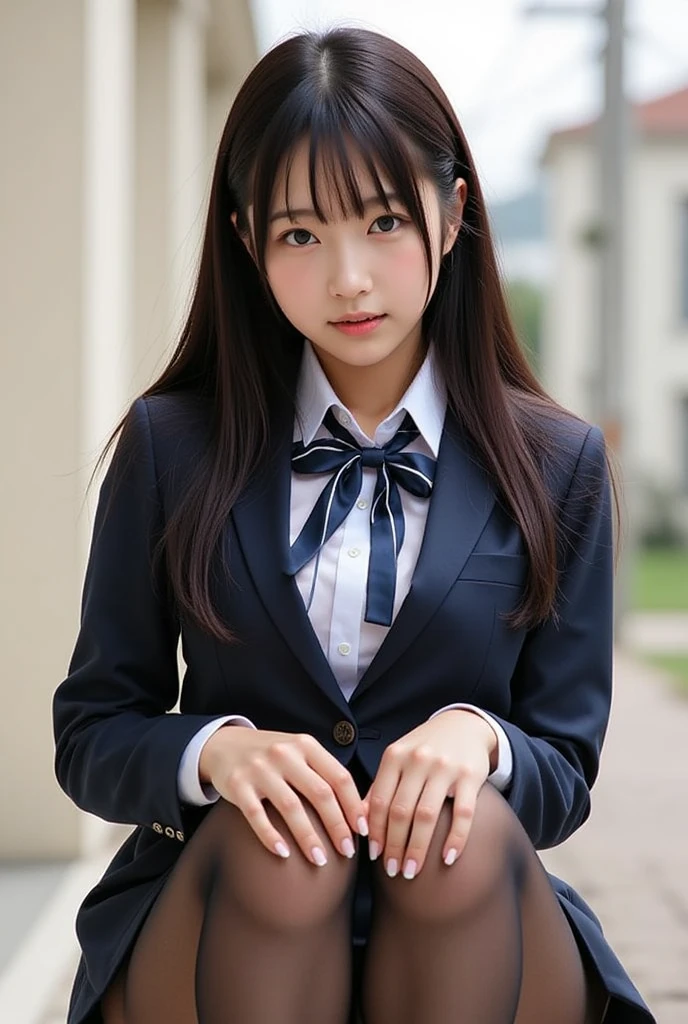 Professional, (4k photos:1.1) 、there is a woman in a suit and bow tie sitting on the floor, bent at the knees、Wear ultra-realistic pantyhose、Cute Schoolgirl, Seifuku, a hyperrealistic schoolgirl, in a strict suit, Smile of shame、Japan school uniform, School Girl, dressed as schoolgirl, japanese girl school uniform, Girl in suit