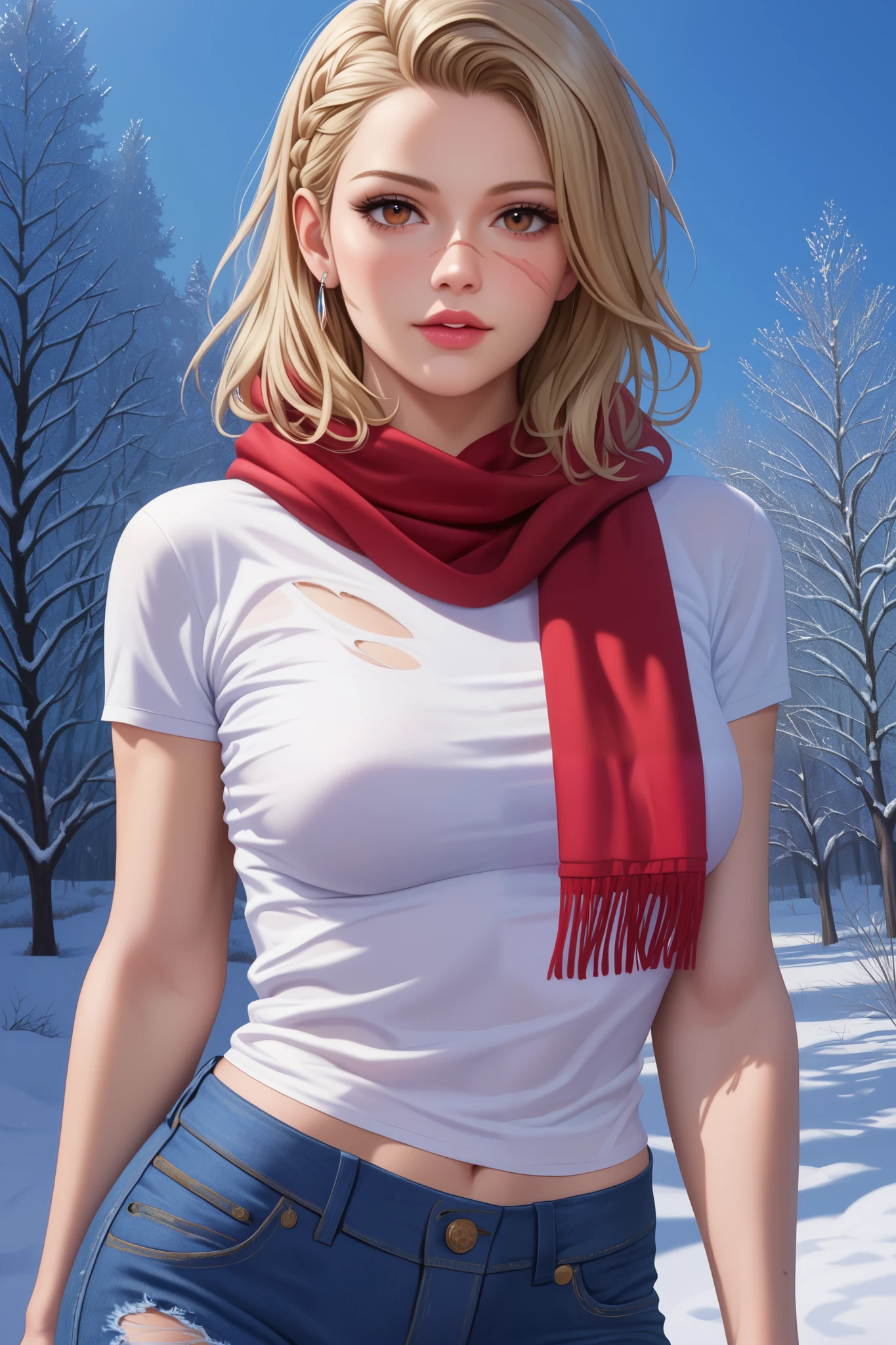 masterpiece, best quality, amazing quality, very beautiful, Absurd, latest, scenery, anatomically correct, 16k, UHD, accurate, expressive, {{1girl solo}}, illustration, masterpiece, ultra-detailed, {{detailed shading, detailed skin}}, {{realistic skin}}, BREAK, detailxl, Details, high definition, 8k, Ultra High Resolution, soft saturation, professional quality, perfect contrast, Anatomically Accurate, young woman, pale blonde hair, damage clothes, t shirt, jeans, damage jeans, scarf, brown eyes, braid, scar on face, athletic, tall, winter, snow, garden background, winter garden background, hips and thighs focus,