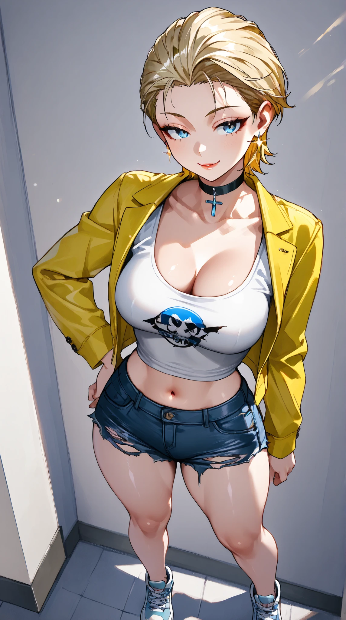 Girl, policewoman, Short yellow hair, Blue eyes, Big breasts, Exposed stomach, short pants,