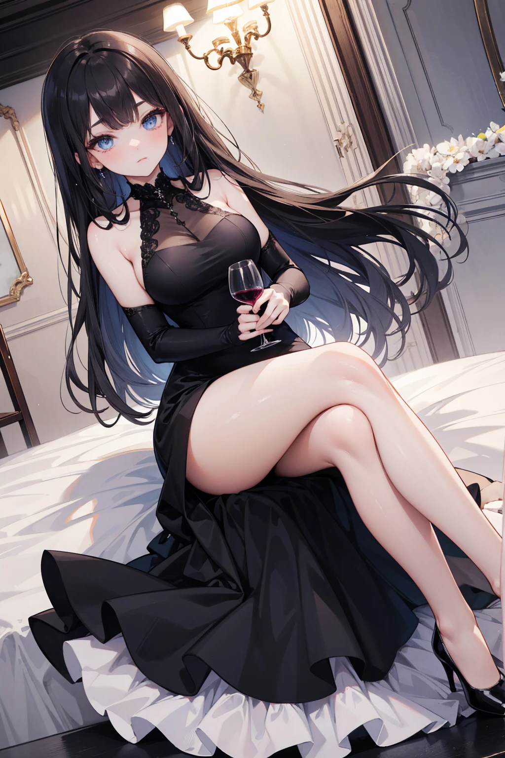 NSFW,(Natural finger shape:1.5),((Full Body Shot,Including face)),Standing position,4K,masterpiece,((Focus on the face)),((Symmetrical facial features)),Eye for detailed depiction,Beautiful woman,Excellent style,Beautiful feet,(Small Ass,Thin thighs),(Patterned black stockings:2,High heels),Facial detailing,Small earrings,necklace,Low angle photo,((Knitted sleeveless top,Tight Skirt)),Lying on the tiles,blue blonde