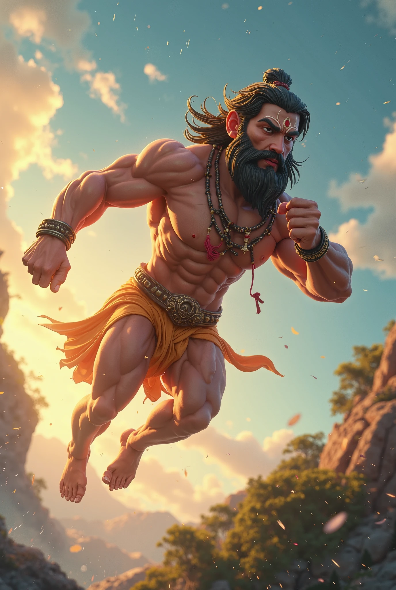muscular bipedal camel with 3 heads, doing an indian deity pose, wearing purple sultan pants, digitl art, painting-like, HD, unrealistic, with one arm down and the other arm up, illustration