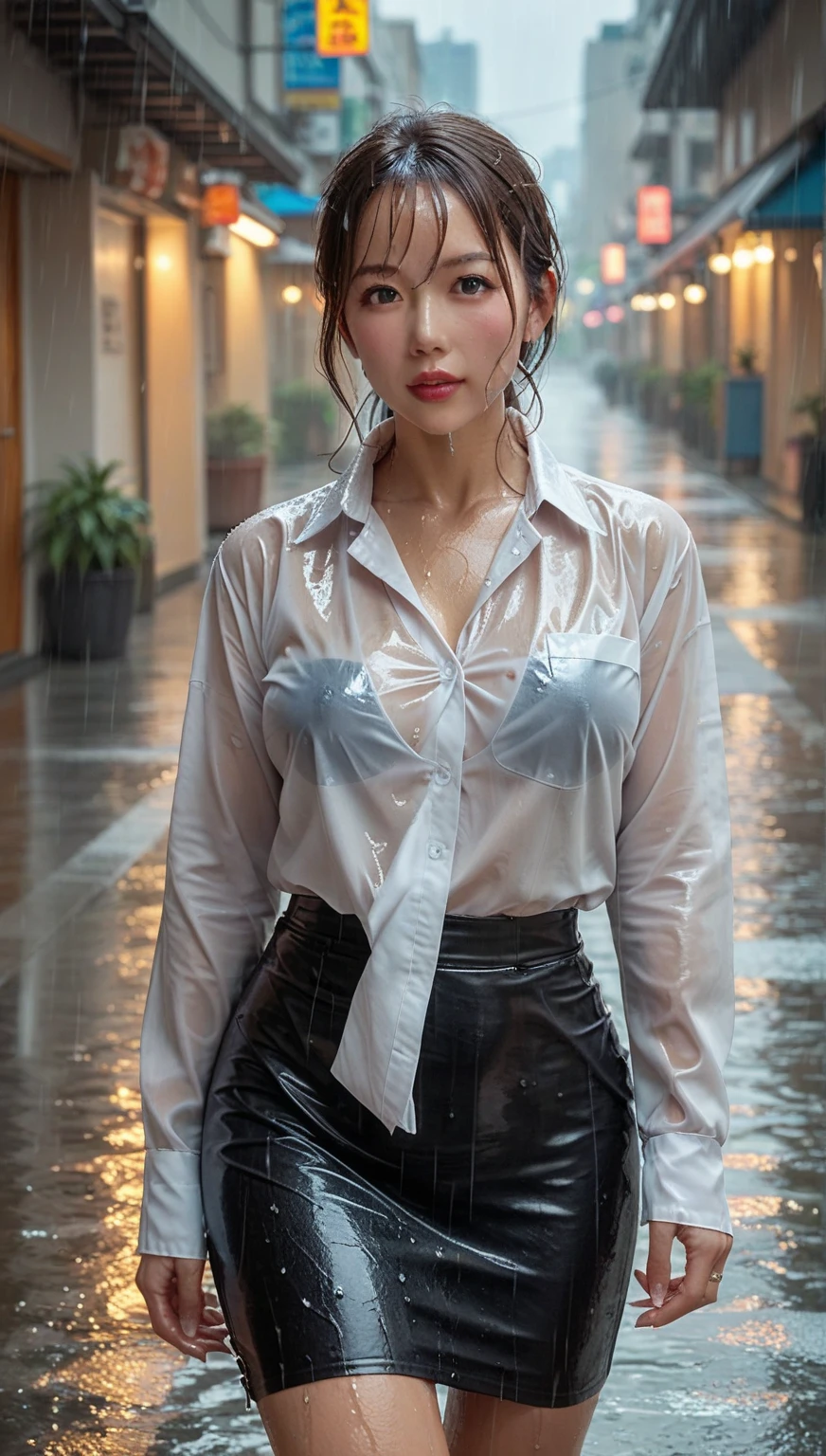 Tabletop、1 Japanese person,masterpiece,(Wet and transparent blouse 1.3),(Stock Emphasis:1.3)、Natural light、 Attention to detail, Depth of written boundary, 135mm, Textured skin, Super detailed, high quality, Awards, 最high quality, High resolution, 8K, White skin,30 years old、Correct skeleton,(Thick thighs),(Sweaty body:1.5),(Damp hair:1.2),(Drops of sweat:1.2),(Rainy Street:1.2),(heavy rain:1.3),(Beautiful breasts:1.2)