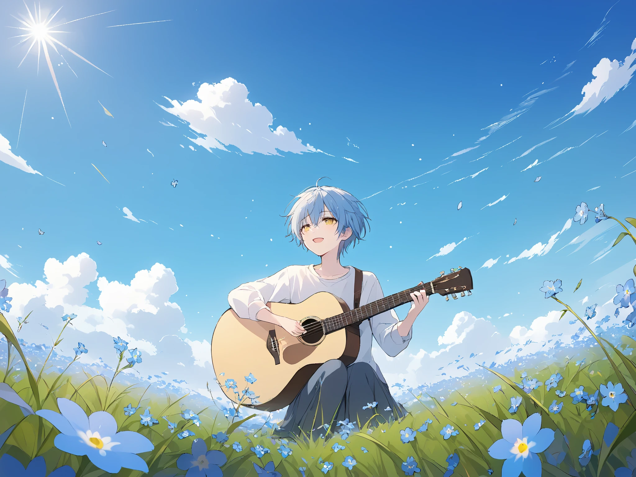 young androgynous boy, anime, light blue hair and yellow eyes, wearing casual clothes, playing acoustic guitar, cute boy, femenine, medium lenght hair, relaxed, enjoying music, nostalgic theme, forget me not flowers, outdoors, on a windy grass plain, lightblue myosotis field, field full of flowers, looking up at the sky, shot from below, focus on the sky, wind blowing, hair and clothes, sun light glare on camera, beautiful picture composition ,