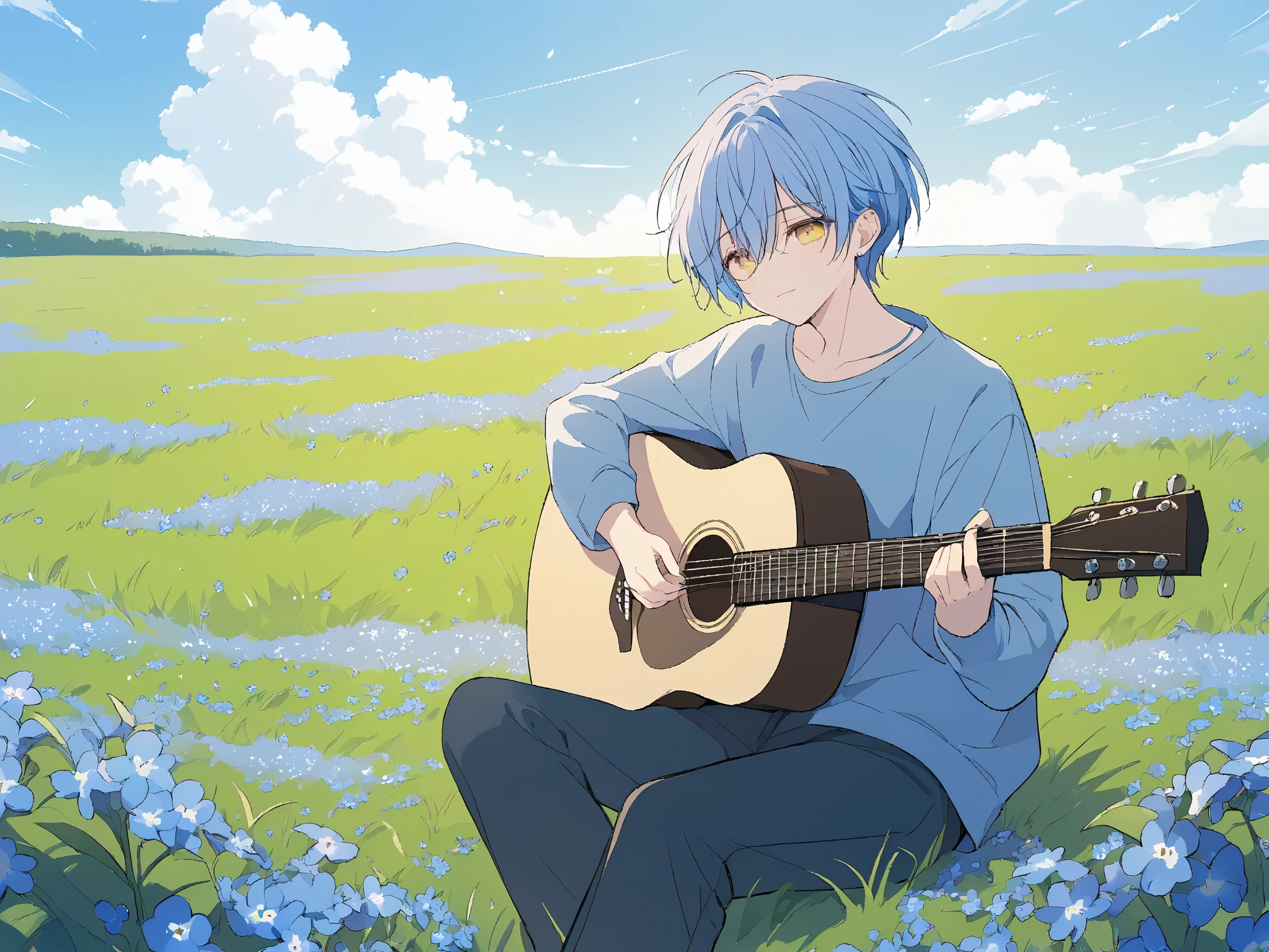 young androgynous boy, anime, light blue hair and yellow eyes, wearing casual clothes, playing acoustic guitar, cute boy, femenine, medium lenght hair, relaxed, enjoying music, nostalgic theme, forget me not flowers, outdoors, on a windy grass plain, lightblue myosotis field,