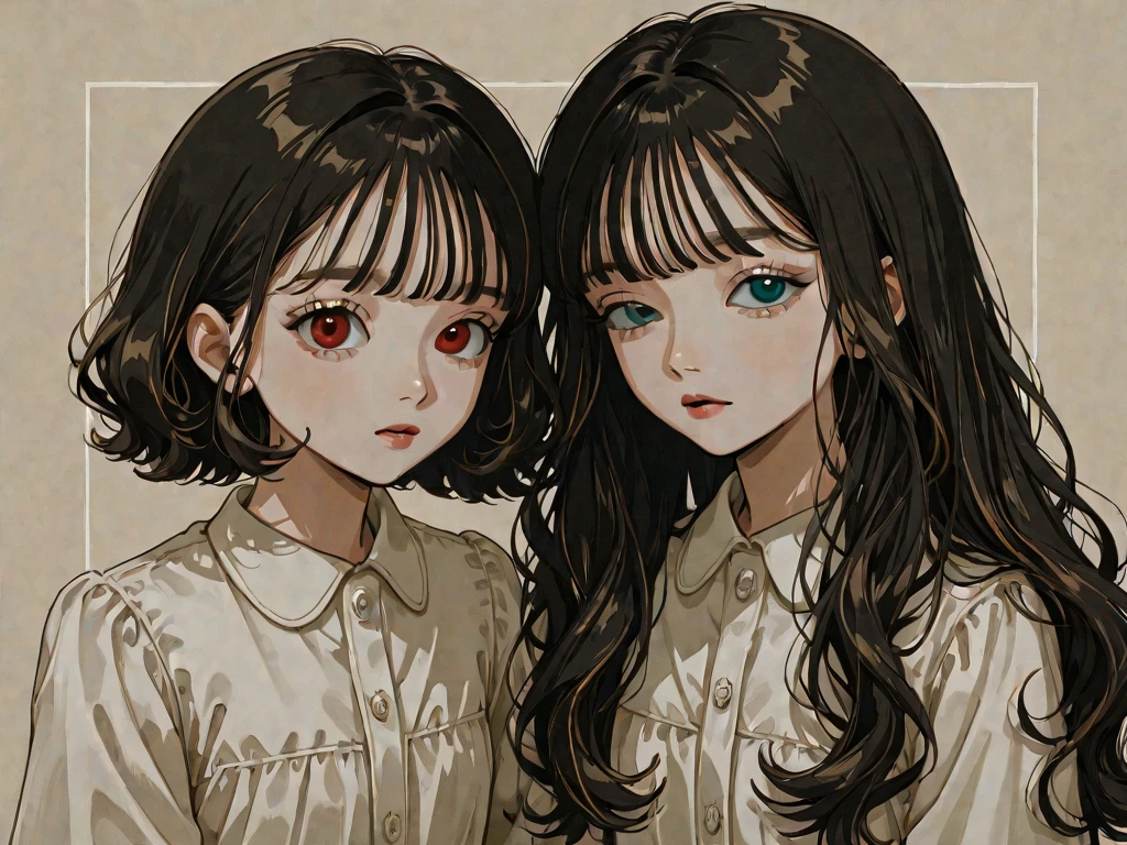 Two 15 year old twin girls. Both with a slight tan. One with straight black hair and the other with wavy brown hair. Small Asian touches in their honey brown eyes. Both wearing the Prufrock High School uniform from A Series of Unfortunate Events. One with a gold necklace with a VFD charm and the other with a gold necklace with a snake charm.