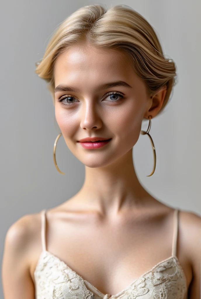 An extremely tiny, thin, petitie, extremely young-looking, age female, with an extremely stacked body, extremely huge breasts, pixie-cut blonde hair, Braces, 12 ayears large hoop earrings, necklace with ruby pendant, completely naked, pitch black background, corpo inteiro, corpo inteiro, malhado, pernas grossas, cintura fina, baixinha,extremamente pequena