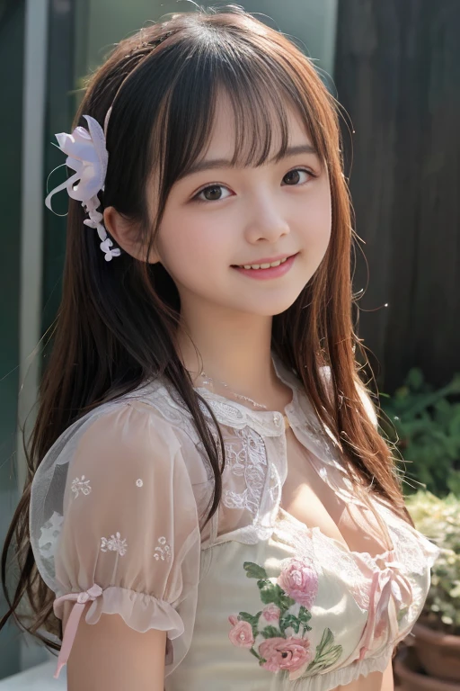 masterpiece、Highest quality、8K、Pure Japanese、beautiful女の子、11 years old、 body、Detailed contours、Shining Eyes、Clear Eyes、Soft and rounded contours、Detailed jawline、Flat Chest、Description、Long hair flows、A sleeveless dress featuring multiple ruffles、Tilt your head gracefully to one side、Hold your hands in front of you、See-through、Walking、Morning ParkでSee-throughドレス、Close-up of a girl smiling like a fairy、beautifulSee-throughドレス、beautiful、白と緑のアクセントの複雑な装飾が施されたSee-throughSee-throughドレス、See-through超ミニスカート、beautiful女の子がWalking、Close-up details、Elegant pose、background：Morning Park