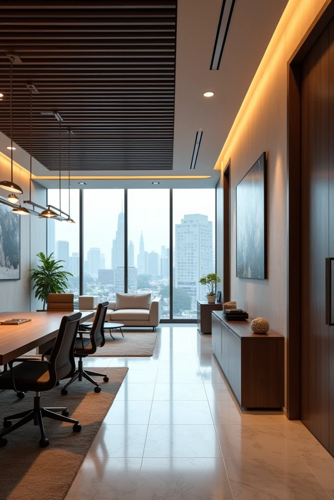 An interesting idea to create a modern executive office is to combine a white porcelain floor with white and gold furniture.  This color combination can create an elegant and sophisticated environment.  Here are some suggestions for creating this space:

 1. White porcelain floor: White porcelain is a versatile and easy-to-maintain option.  It can bring a clean and bright look to your office.

 2. White and gold furniture: Opting for furniture with a white finish can bring a sense of lightness and modernity to the space.  To add a touch of sophistication, choosing furniture with golden details can be an excellent option.  For example, a white office desk with gold legs or a bookcase with white shelves and gold frames can create an interesting contrast.

 3. LED Lights: The use of LED lights can bring a modern and energizing lighting effect to the office.  Consider installing recessed ceiling lights or LED strips around the space to create a bright, welcoming atmosphere.

 4. Wall cabinet: Having a wall cabinet can help with office organization, providing space to store documents, office supplies and other items.  Choose a cabinet with white or gold doors to maintain visual consistency.

 5. Gold Italian Leather Armchairs: Gold Italian leather armchairs can add a luxurious touch to your executive office.  In addition, leather is a durable and comfortable material.  Consider choosing armchairs with an elegant and comfortable design to complement the environment.

 Remember to create good general lighting in the space and also consider incorporating decorative elements, such as pictures, plants and rugs, to make the environment even more cozy and personalized.

 These are just suggestions to help you create a modern executive office.  Feel free to adapt the ideas according to your preferences and needs.