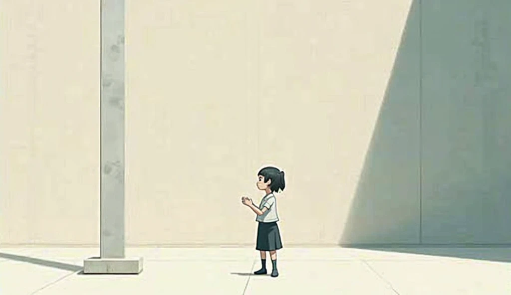 A small sad girl stands beside a tall podium
