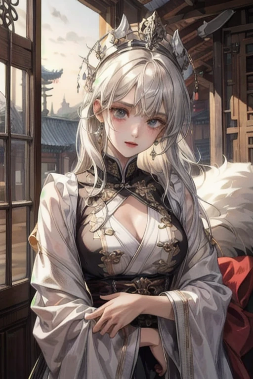 (Masterpiece:1.2), best quality, (illustration:1.2), (ultra-detailed), hyper details, (delicate detailed), (intricate details), (cinematic light, best quality Backlights), clear line, from below, soloist, perfect body, (1girl), white hair and yellow eyes, (emperor, black see-through clothes), (crown: 1.1), sitting on the throne, eyes slightly closed, head down, (shy: 1.2 ), (makeup), high contrast, (best illumination, an extremely create and beautiful), (cinematic light), colorful,