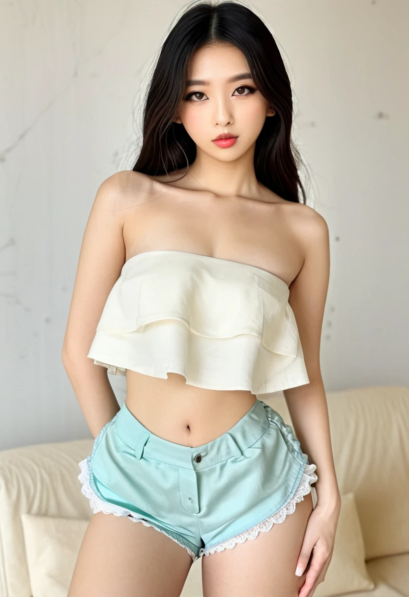 Beautiful Korean girl with beautiful breasts dressed in dull colored blouse and thong and smiling sexy
