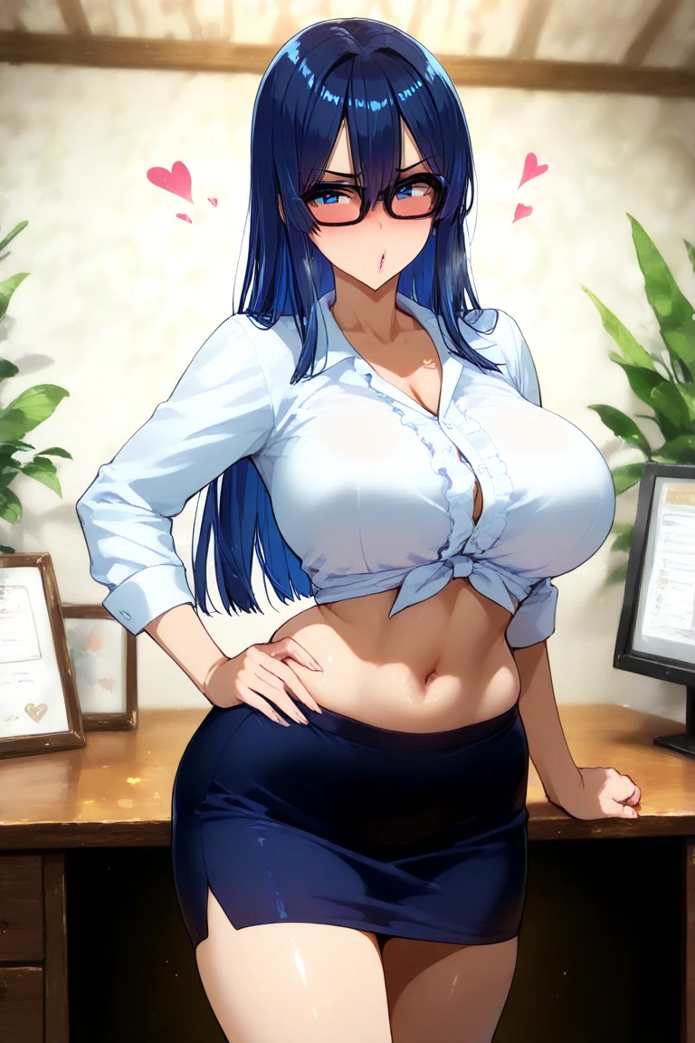 masterpiece, best quality, ultra-detailed, illustration, colorful, flat color, depth of field, 1girl, sona, anime, standing, blue hair, multicolored hair, twintails, blue eyes, looking at viewer, simple background, hands behind back, white shirt, blue necktie, black pencil skirt, black pantyhose, teacher, detailed skin texture, detailed cloth texture, beautiful detailed face, huge breasts, blush, seductive smile, makeup, shortstackBT, shortstack