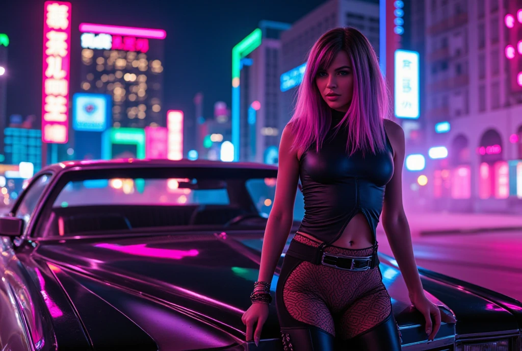 [Subject: Cyberpunk Marilyn Monroe in Futuristic Kawaii Short Dress with Gaming-Inspired Accents] A high-resolution, cinematic Instagram image featuring a cyberpunk-inspired Marilyn Monroe stepping out of a neon-lit, futuristic car with gull-wing doors. She’s wearing a bold, short black dress with neon accents and holographic designs inspired by retro gaming. The dress features pixelated patterns and LED-lit details that pulse rhythmically, blending a playful kawaii vibe with an edgy, futuristic style. Her hair is styled in a kawaii-inspired short bob with vibrant pink, blue, and purple waves, adorned with small, glowing neon bows.

The scene is bustling with life, as Marilyn is surrounded by a lively crowd of futuristic people, all dressed in colorful, cyberpunk attire with retro gaming influences. The crowd is dynamic, with people dancing, chatting, and interacting with holographic displays, creating an energetic atmosphere. The backdrop is a vibrant, neon-lit cityscape with towering buildings, holographic advertisements, and futuristic arcade elements, all reflecting the lively lights of the scene. The overall vibe is a perfect fusion of cyberpunk, kawaii, and retro gaming, set in a cinematic and iconic moment.

[Lighting: Neon glow with dynamic reflections] [Camera: Wide-angle shot capturing Marilyn, her friends, the lively crowd, and the vibrant cityscape] [Resolution: 8k, hyper-realistic] [Style: Cyberpunk glamour, kawaii edge, retro gaming aesthetics, Instagram-ready] [Inspiration: Marilyn Monroe, Cyberpunk 2077, Kawaii Cyberpunk, Retro Gaming].
