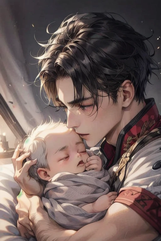 (best quality, 4k, 8k,high res,masterpiece:1.2),ultra-detailed,(realistic,photorealistic,photo-realistic:1.37),1 man, 31 years old, mature man, very handsome, well-built physique, without expression, short jet black hair, blue eyes, carrying a 2 year old sleeping baby, baby in arms, penetrating gaze,perfect face without errors, imposing posture,businessman,office background,cinematic lighting, HDR image