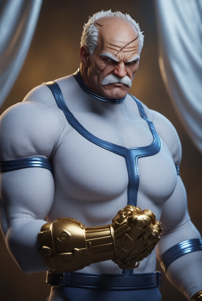 cinematic photo cinematic photo a very muscular old man in a white bodysuit, full body, moustache, big scar on the head, detailed skin, golden gauntlet right hand, clenched fists, left eye is white . 35mm photograph, film, bokeh, professional, 4k, highly detailed . 35mm photograph, film, bokeh, professional, 4k, highly detailed