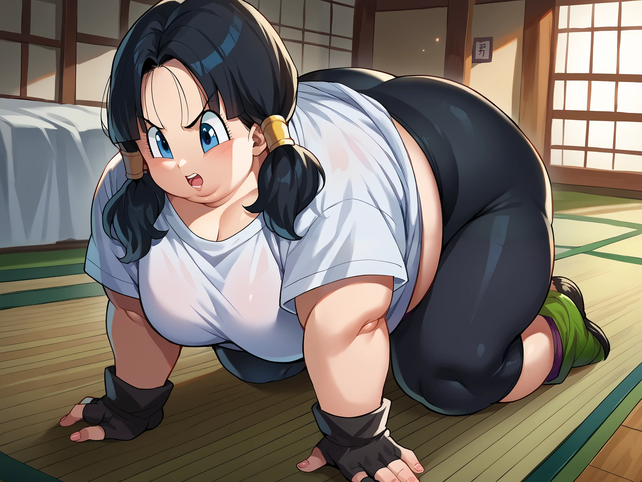 score_9, score_8_up, score_7_up, source_anime,
videl, videl, black hair, blue eyes, eyelashes, parted bangs, twintails,
bike shorts, black gloves, black legwear, collarbone, fingerless gloves, gloves, shirt, short sleeves, white shirt,
indoors, dojo, cowboy shot, dutch angle, open mouth, fat, chubby, obese, full body shot, on hands and knees, on all fours