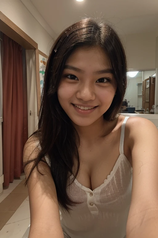 Asian age girl with a sweet and beautiful face, lying on her back, wet skin and hair, small and firm breasts, smiling and moaning shyly holding back the pleasure after getting sexual satisfaction, showing her beautiful breasts and vagina looking at the male genitals in her vagina fill with semen, orgasmic face