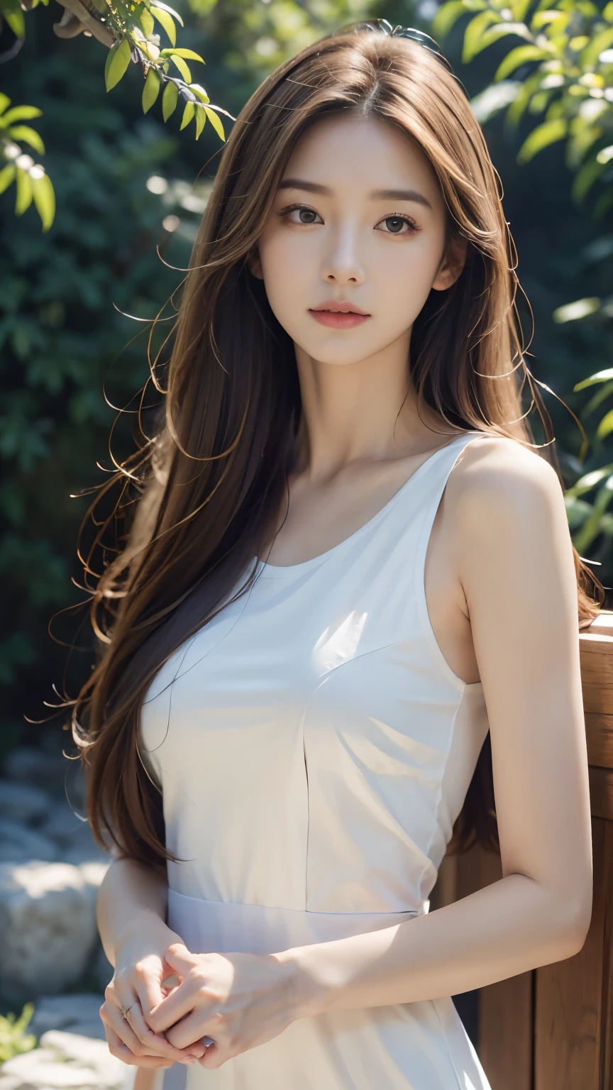 (Realstic, high resolucion:1.3), 1 fille avec un corps parfait, Visage et yeux super fins,cheveux longs, Random color tank top:1.2, White silk tank top, Courts en jupe en soie blanc, gros boob,Exposing the neckline, (Long Straight Hair), (((long straight red hair down to his feet))), big breasts:1.5, Blue Eyes, sexy body, (Red Hair), (15 years old), Big Eyes, soft faces, slit Dress, trees, rocks, lakes, sky