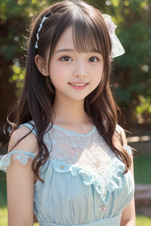 highest quality, High resolution, realistic pictures, detailed skin texture, ((Cute 12 year old Japanese girl wearing a white camisole)), view audience, slim body shape, charming gaze, Fair skin, baby face, (flat chest:1.2), long straight hair, flower hair ornament, (loli:1.2)