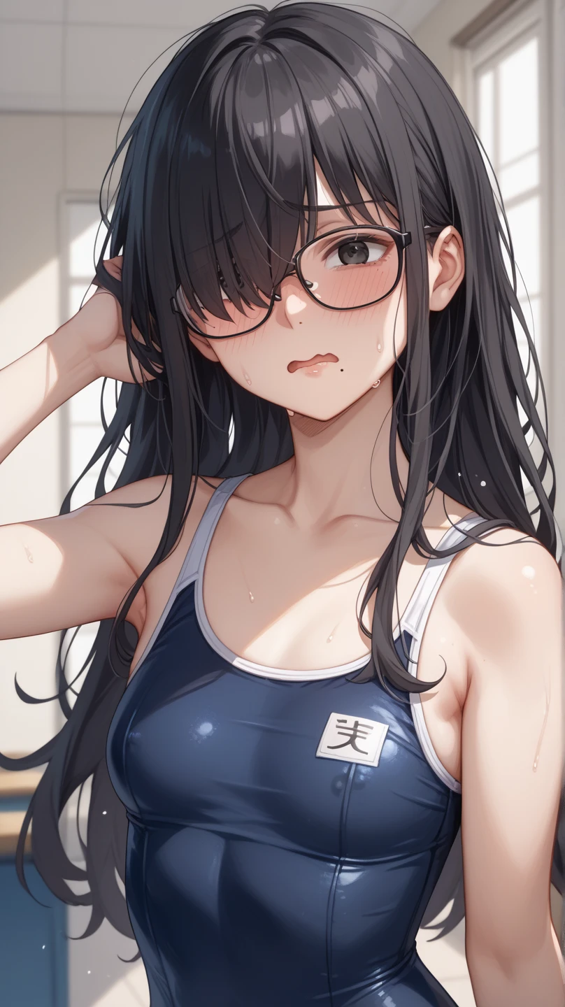 (anime style),masterpiece, best quality, extremely detailed,18Year old,tanned skin,dark skin, Beautiful body,middle breasts,BREAK,multicolored colorful black hair,absurdly long hair,for head,BREAK,black eyes,best smile,open mouth,detailed lips,BREAK,cotton black big ribbon,BREAK,ripped school swimsuit,break,head tilt,