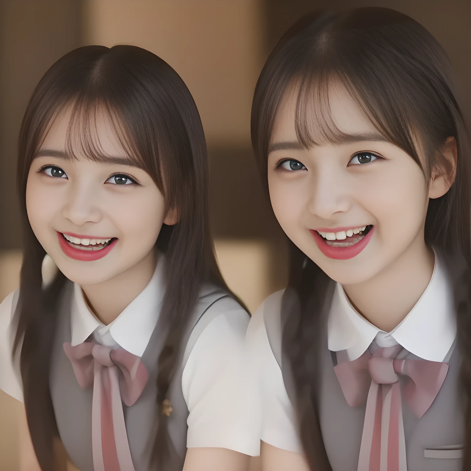 (highest quality, masterpiece, high resolution:1.2), 4K, (Photo quality detailed foreground: 1.2), geometry, (Two neat noble beautiful slender succubus girl, girly very-long-braids-hair too beautiful photo model are seated, looking up the viewer like praying, squeezing and (drinking the viewer), and (giving contempt laughter at the viewer) with her too beautiful eyes like laughing fashion model: 1.7), (Using expensive face-whitening cosmetics to make her skin more beautiful and pure by professional makeup artist: 1.5), ((Light-Gray) Japanese school girly vest Uniform with neat girly light-yellow short-sleeves school blouse, puffed short sleeves: 1.2), (white socks and school loafers: 1.5), (Dark blue glossy glossy school ribbon on the breast: 1.0), (Extremely laughing cheeks: 1.8), (Beautiful light-amber large clear open eyes with balanced and detailed cutely: 1.4), (double eyelids: 1.0), (Glossy lips: 1.0), (too long very neat hair like a most popular model of girl's school fashion magazine: 1.7), (white and clear skin: 1.0)