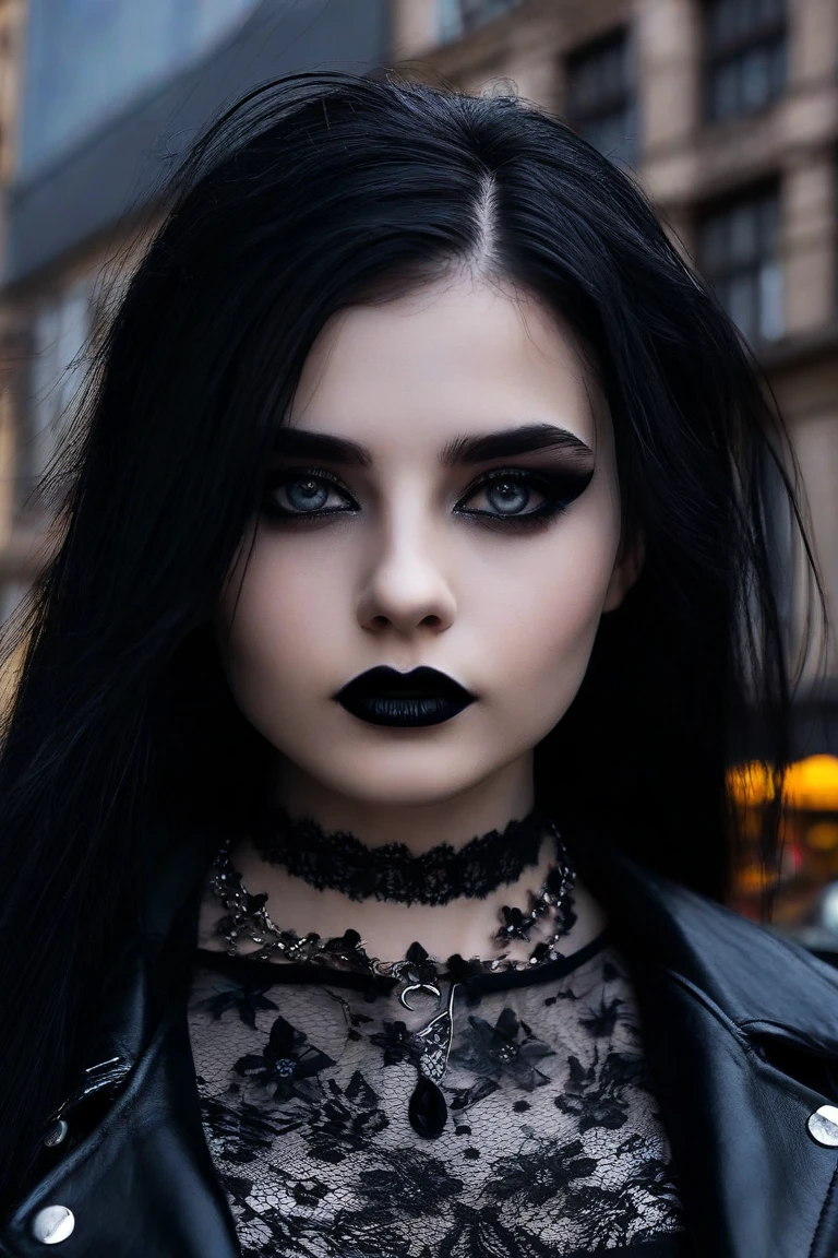 Linda garota com cabelo longo e ondulado highly realistic 4K AI-generated portrait of a beautiful 20-year-old gothic woman. She has striking facial features, including deep, expressive eyes, bold dark makeup, and matte black lipstick. Her long, jet-black hair cascades over her shoulders, framing her pale yet radiant skin. She wears stylish gothic attire, such as a black lace choker, leather jacket, and dark accessories. The lighting is soft and cinematic, highlighting the depth and texture of her features with a blurred urban background. Ultra-detailed, photorealistic, cinematic lighting, hyper-realistic skin texture.ado, vestido boêmio, segurando uma placa branca com o texto "I Love Seaart Infinity" e mostrando-a ao espectador