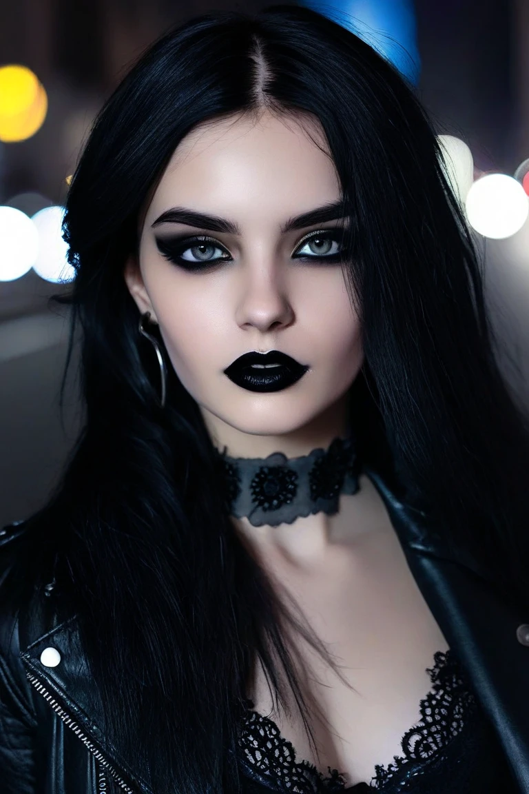 Linda garota com cabelo longo e ondulado highly realistic 4K AI-generated portrait of a beautiful 20-year-old gothic woman. She has striking facial features, including deep, expressive eyes, bold dark makeup, and matte black lipstick. Her long, jet-black hair cascades over her shoulders, framing her pale yet radiant skin. She wears stylish gothic attire, such as a black lace choker, leather jacket, and dark accessories. The lighting is soft and cinematic, highlighting the depth and texture of her features with a blurred urban background. Ultra-detailed, photorealistic, cinematic lighting, hyper-realistic skin texture.ado, vestido boêmio, segurando uma placa branca com o texto "I Love Seaart Infinity" e mostrando-a ao espectador