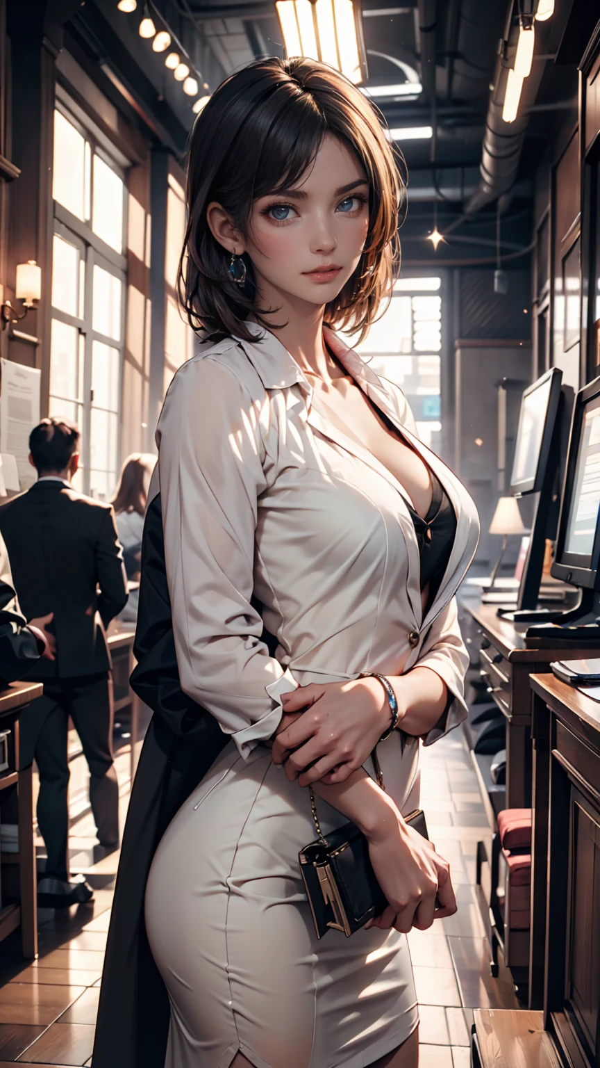 arafed image of a woman in a white dress standing in front of a group of people,  (busty, are so massive shirt keeps busting), 7 0 s sci - fi art, attractive brown hair woman, still frame from a movie, hypermaximalist, promotional render, by Menez, cosmic bjork, steam punk, velma, mars attacks, circa 1970, cp2077  