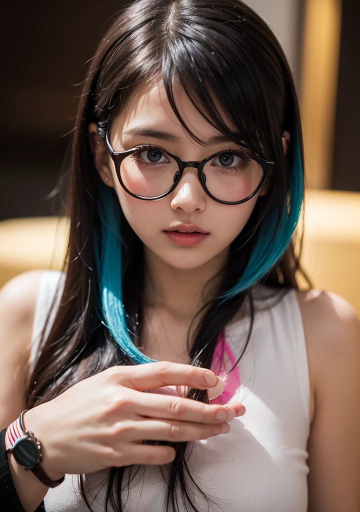 elegant , 1 girl, high resolution, masterpiece, anatomically correct, best quality, super detailed, UHD, detailed skin, retina, blue hair, simple braid, wavy hair, large breasts, earrings, full lips, open mouth, blushing, makeup, bashful, green eyes, american angle, perspective, hair accessories, glasses, bokeh, 3D rendering, OctaneRender 8K